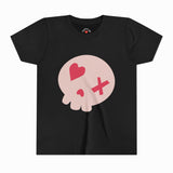 Kids’ Halloween T-shirt with pink skull and heart/X eyes, Chatter Pop design in black.

