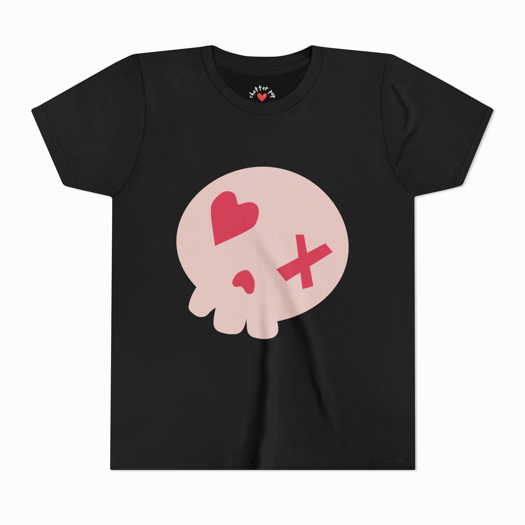 Kids’ Halloween T-shirt with pink skull and heart/X eyes, Chatter Pop design in black.

