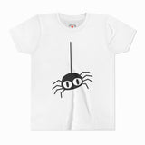 Kids Halloween Spider T-shirt in white with black spider graphic.