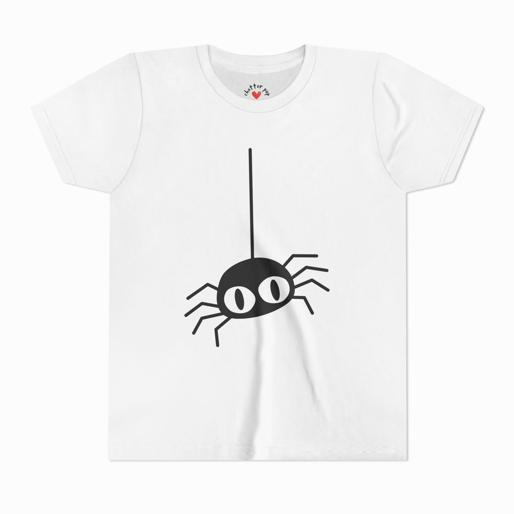 Kids Halloween Spider T-shirt in white with black spider graphic.