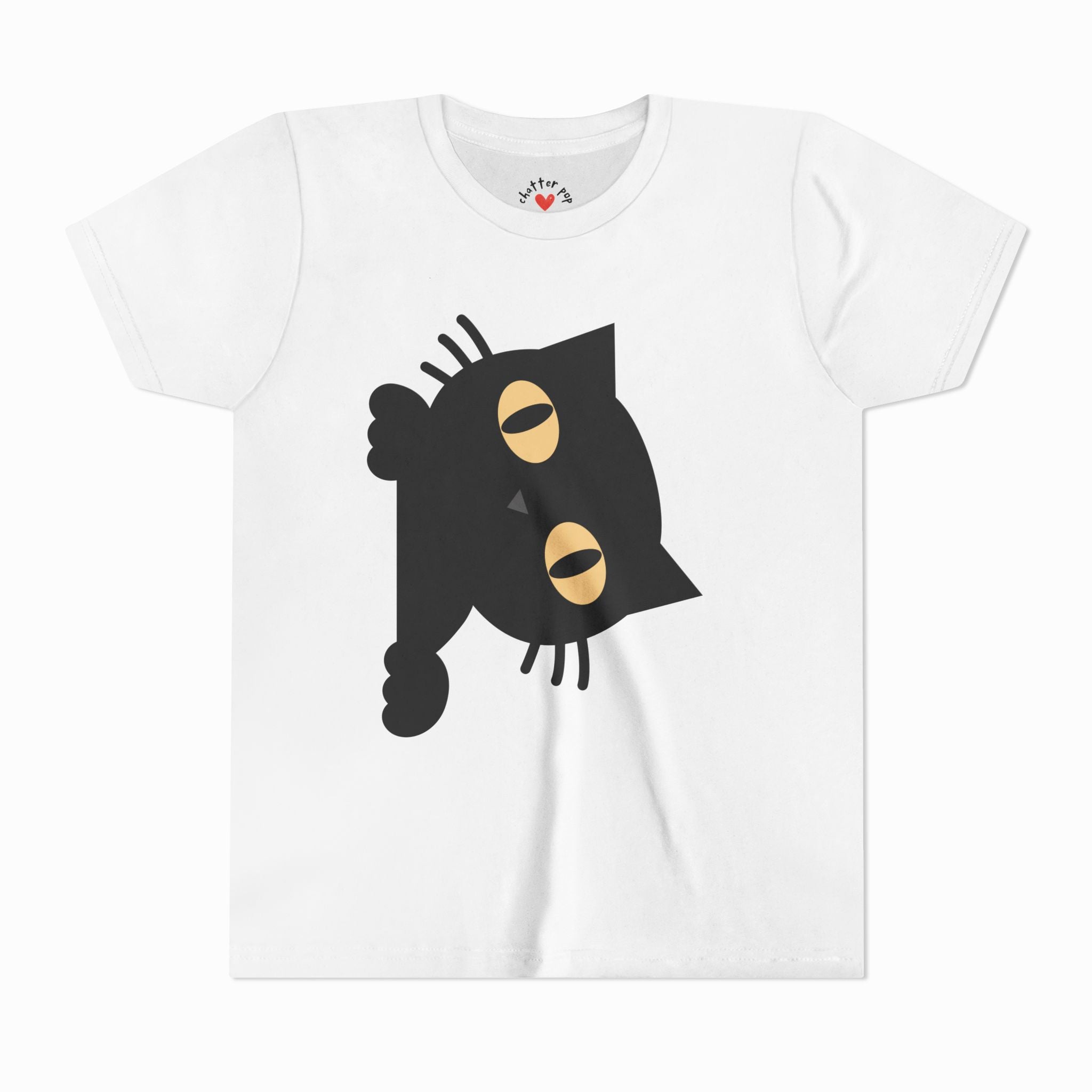 Peek-A-Boo Cat Halloween kids T-shirt in white with black design showing a playful cat with bright yellow eyes and whiskers peeking from the side.

