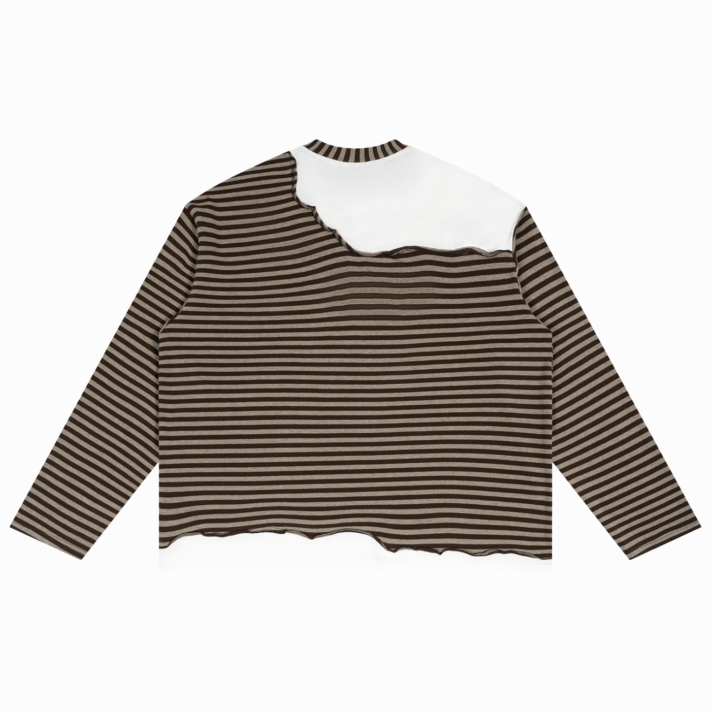 Back view of a dark gray crewneck sweater with white neckline trim, shown flat on white background.