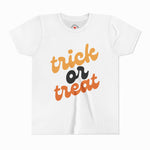 Kids Trick or Treat Halloween T-Shirt in orange and black design on white tee by Chatter Pop.