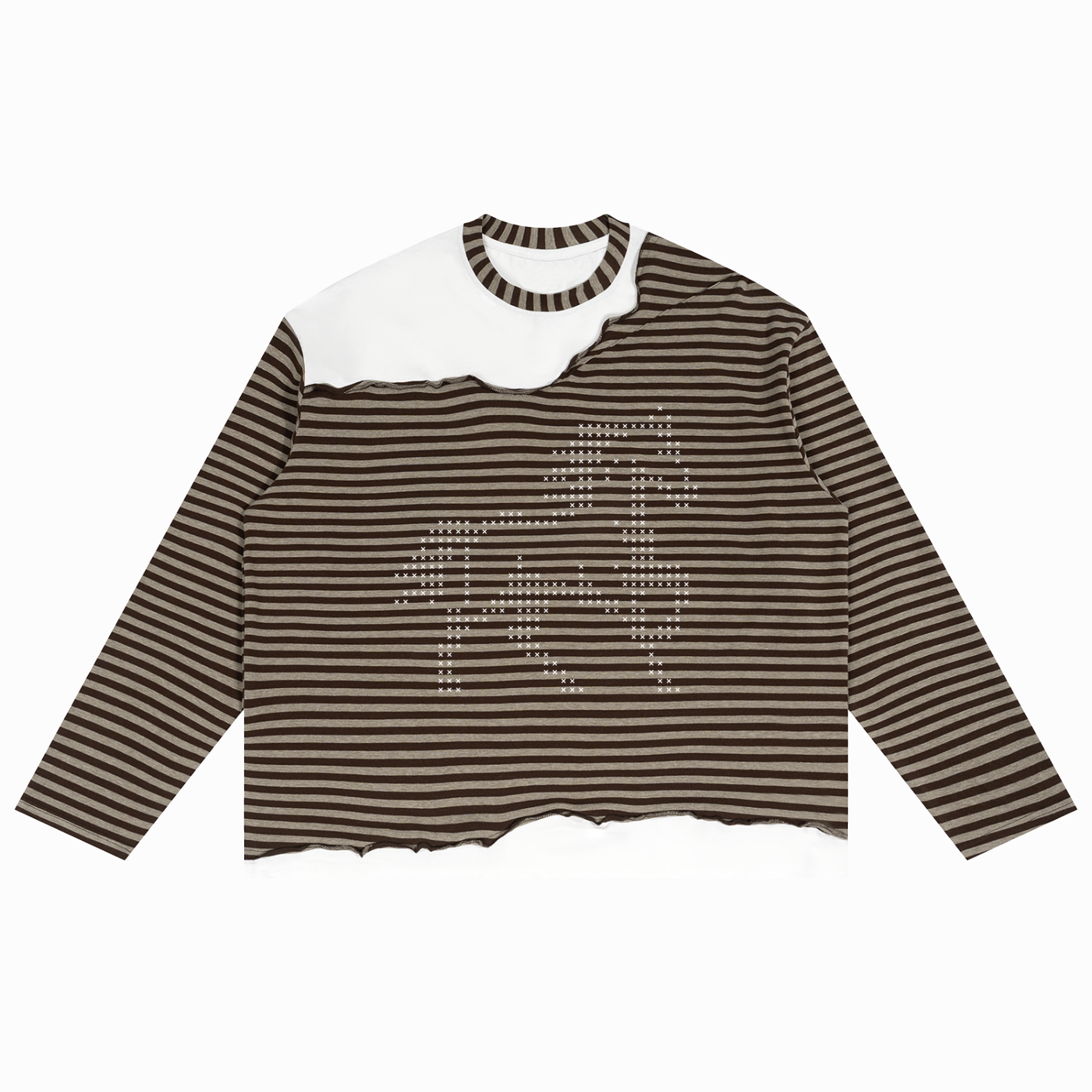 Dark brown crewneck sweater with small chest graphic, shown flat on white background.