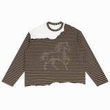Dark brown crewneck sweater with small chest graphic, shown flat on white background.