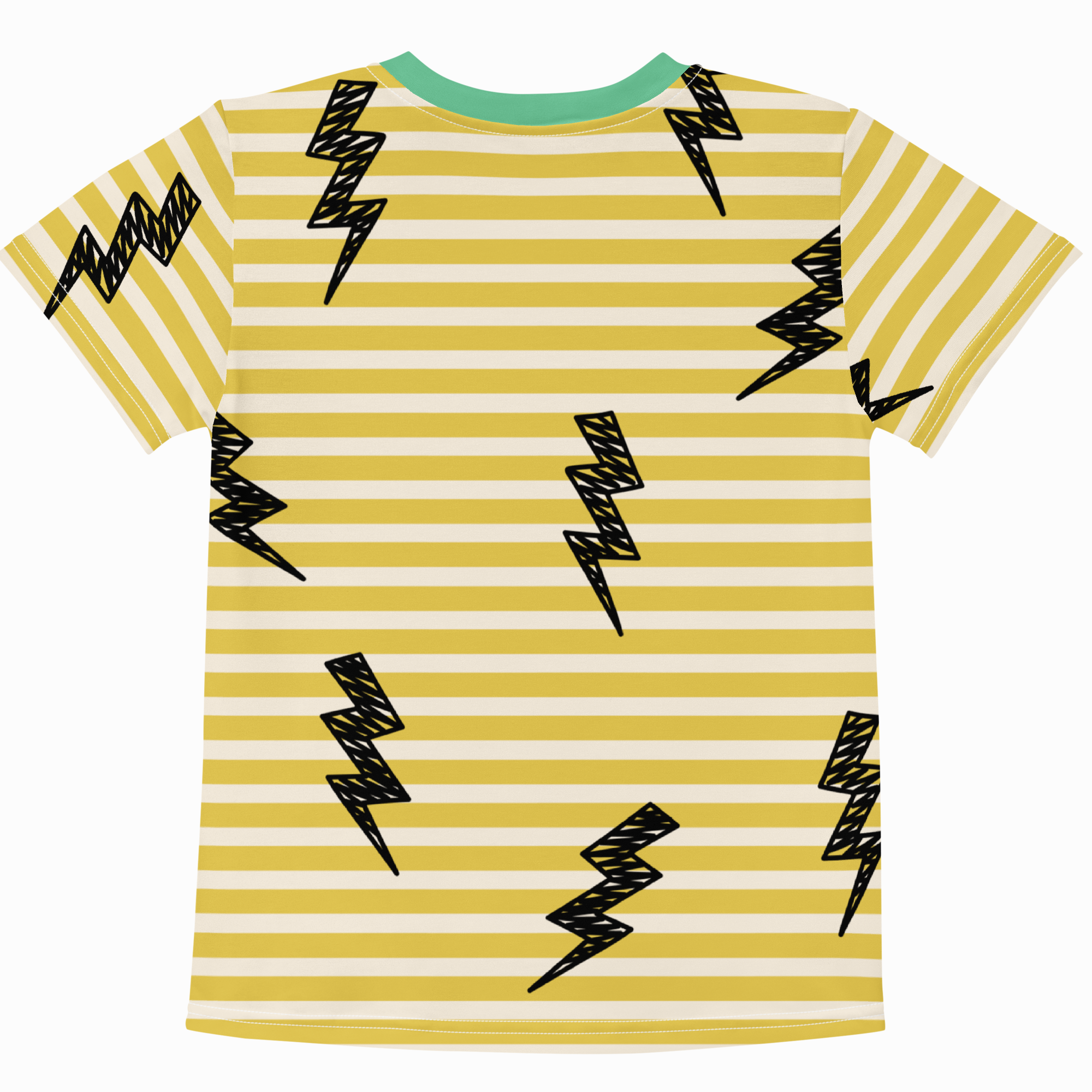 Yellow and white striped t-shirt with black lightning bolt patterns on a plain background