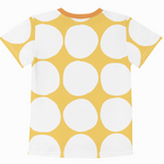 Yellow t-shirt with white polka dot pattern on a white background