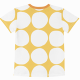 Yellow t-shirt with white polka dot pattern on a white background