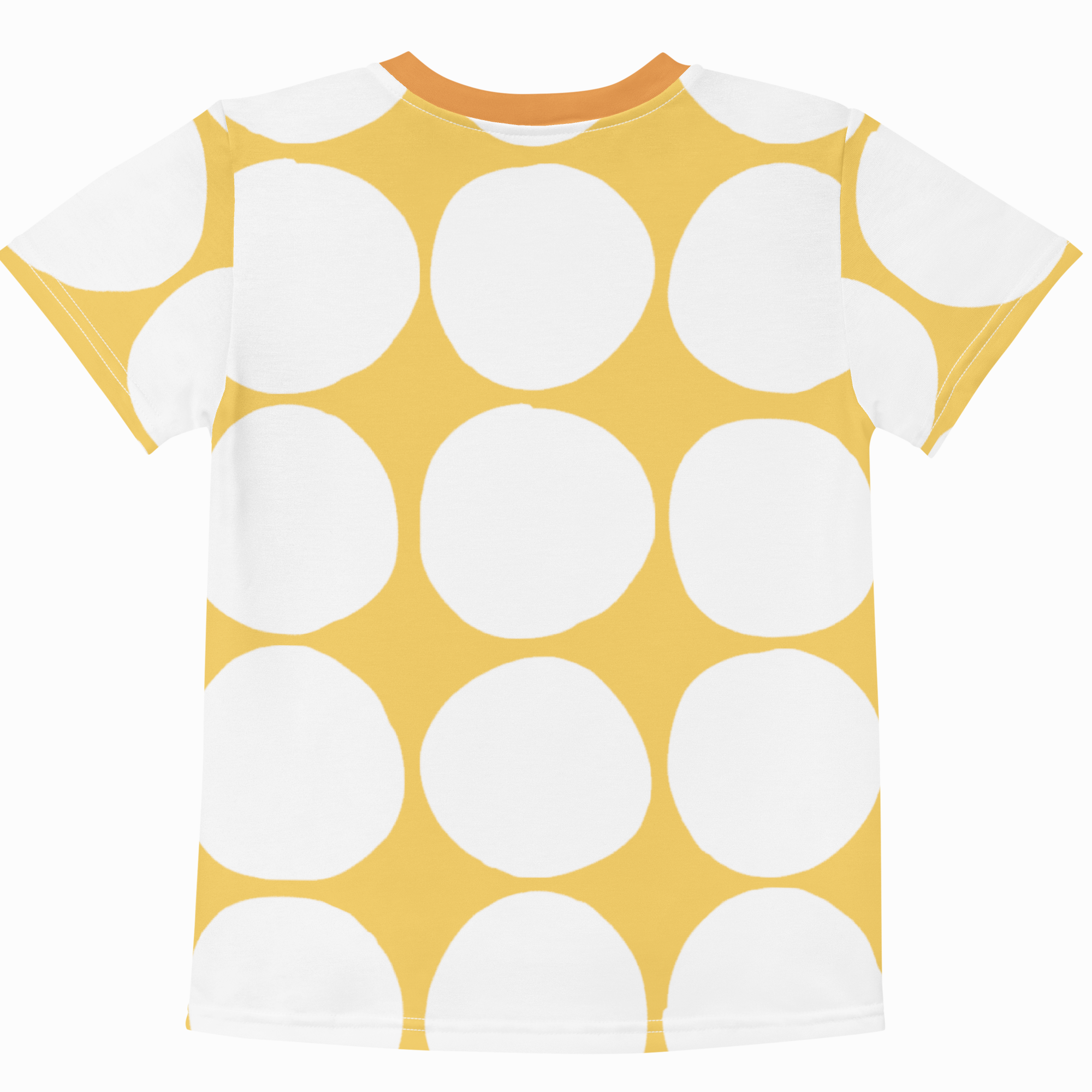Yellow t-shirt with white polka dot pattern on a white background
