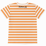 Orange and white striped t-shirt with 'chatter pop' text on a white background