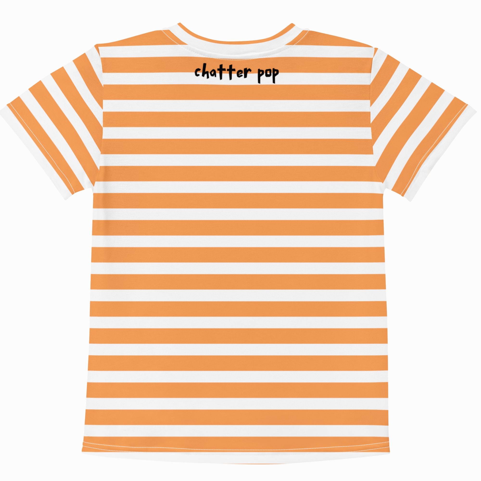 Orange and white striped t-shirt with 'chatter pop' text on a white background