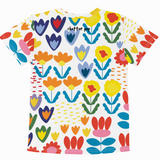 Colorful floral patterned shirt with 'chatter pop' branding on a white background