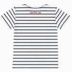 Striped t-shirt with 'chatter pop' text on a white background