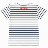 Striped t-shirt with 'chatter pop' text on a white background