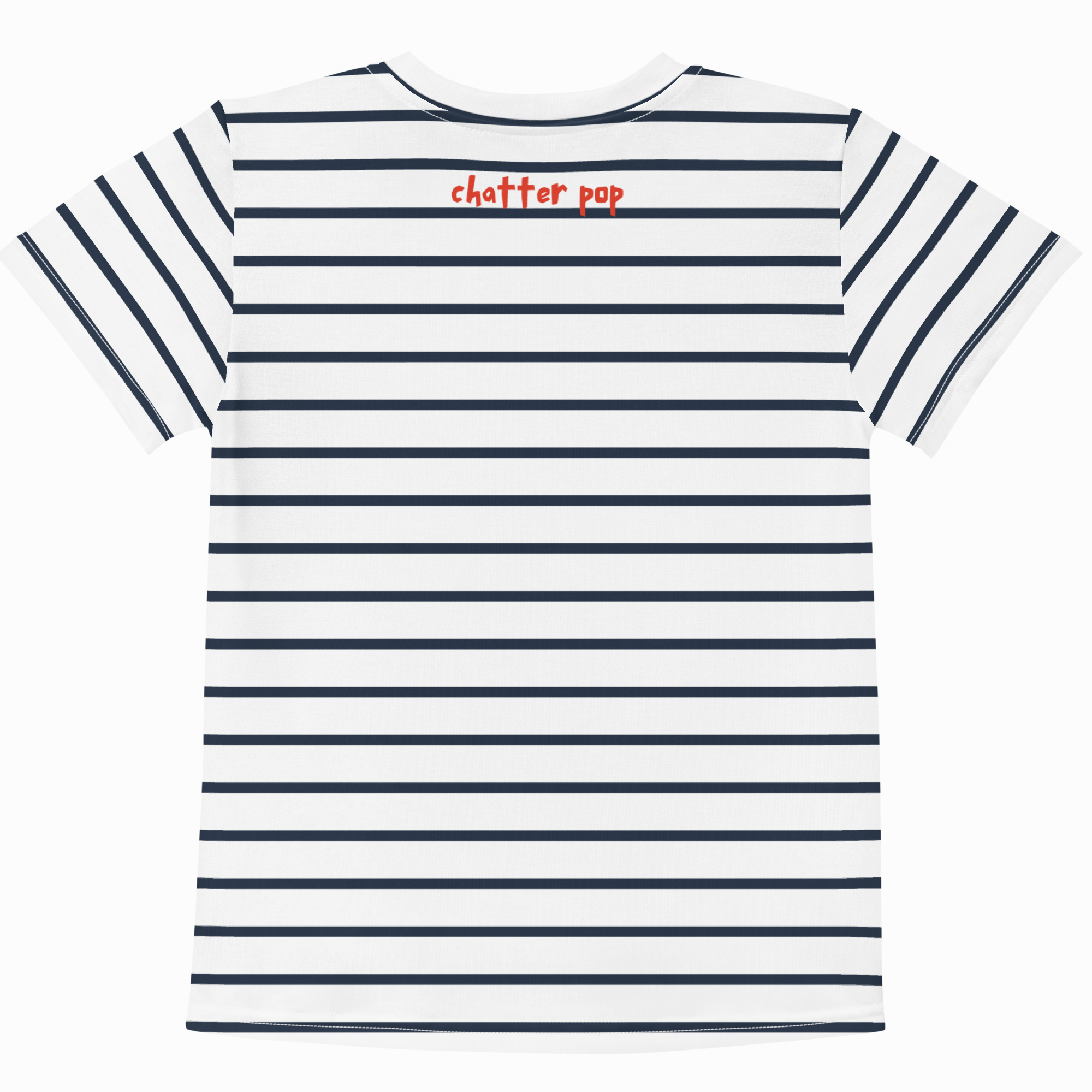 Striped t-shirt with 'chatter pop' text on a white background