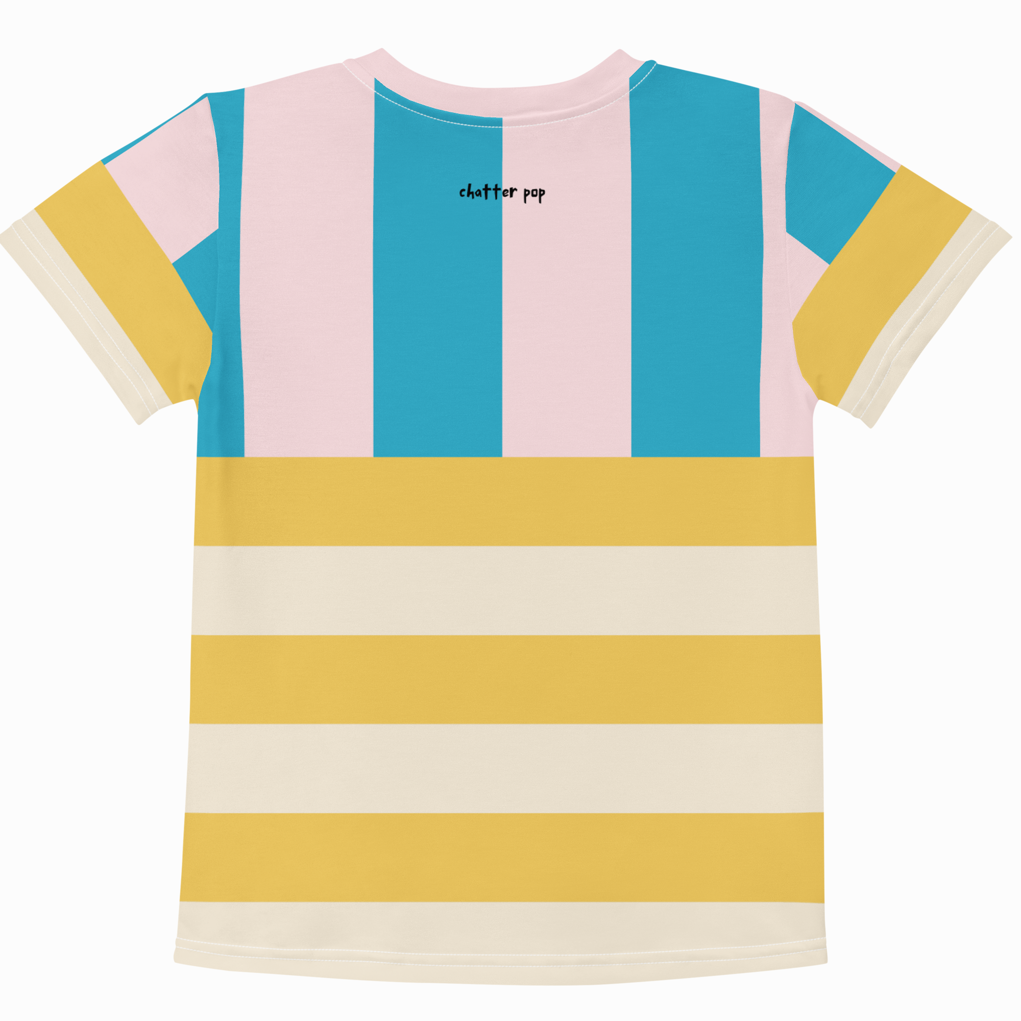 A short-sleeve t-shirt with a colorful striped pattern, featuring vertical pink and blue stripes on the upper chest and shoulders, and horizontal yellow and cream stripes across the lower body. The brand name 'clutter pop' is printed in small black text on the upper back.