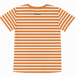A short-sleeve crewneck t-shirt with horizontal orange and white stripes, featuring a small black 'chitter pap' logo printed on the chest, shown against a plain white background.