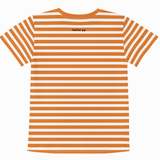 A short-sleeve crewneck t-shirt with horizontal orange and white stripes, featuring a small black 'chitter pap' logo printed on the chest, shown against a plain white background.