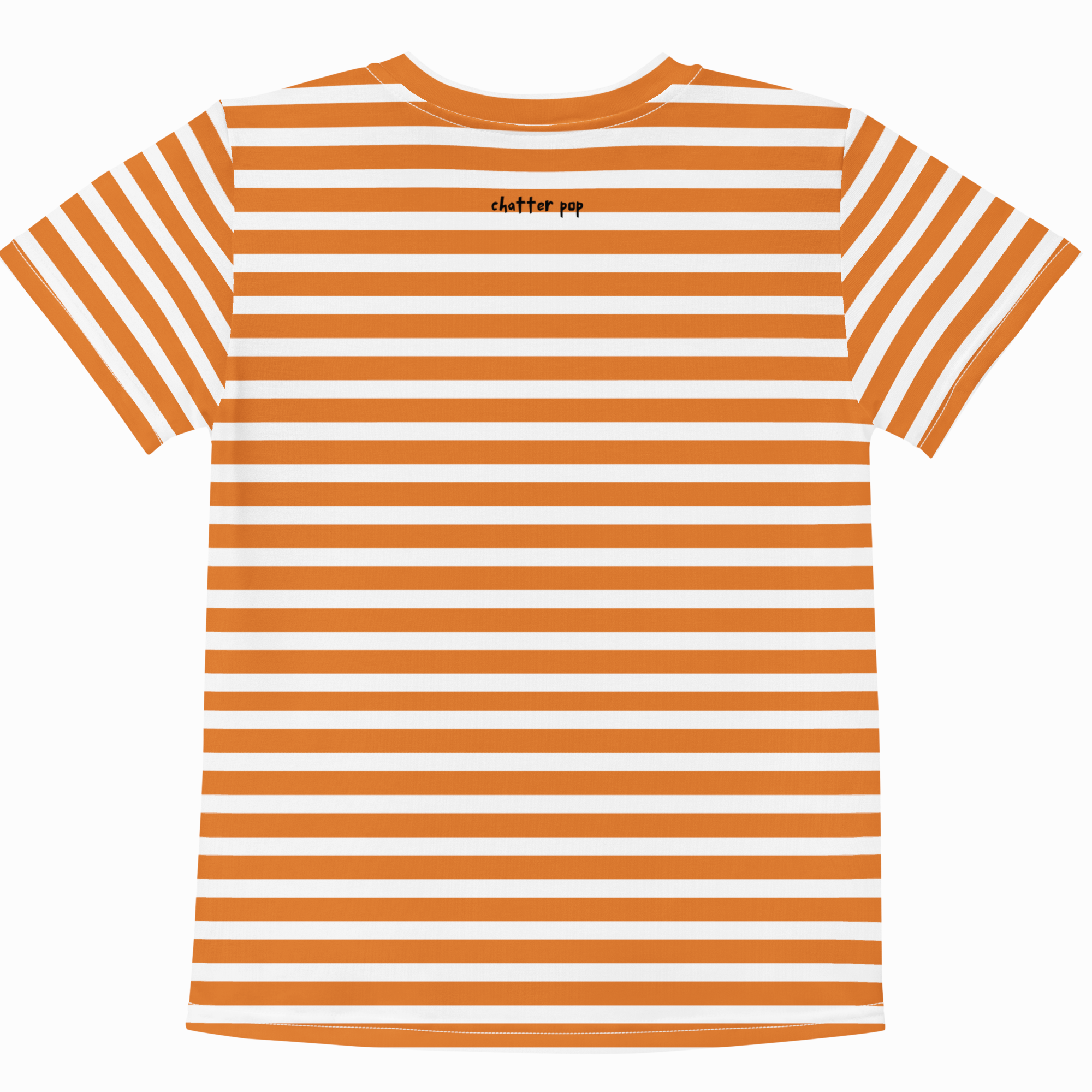 A short-sleeve crewneck t-shirt with horizontal orange and white stripes, featuring a small black 'chitter pap' logo printed on the chest, shown against a plain white background.