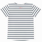 A short-sleeve crewneck t-shirt with horizontal navy blue and white stripes, featuring a small red 'clothing co' logo printed on the upper chest, shown against a plain white background.