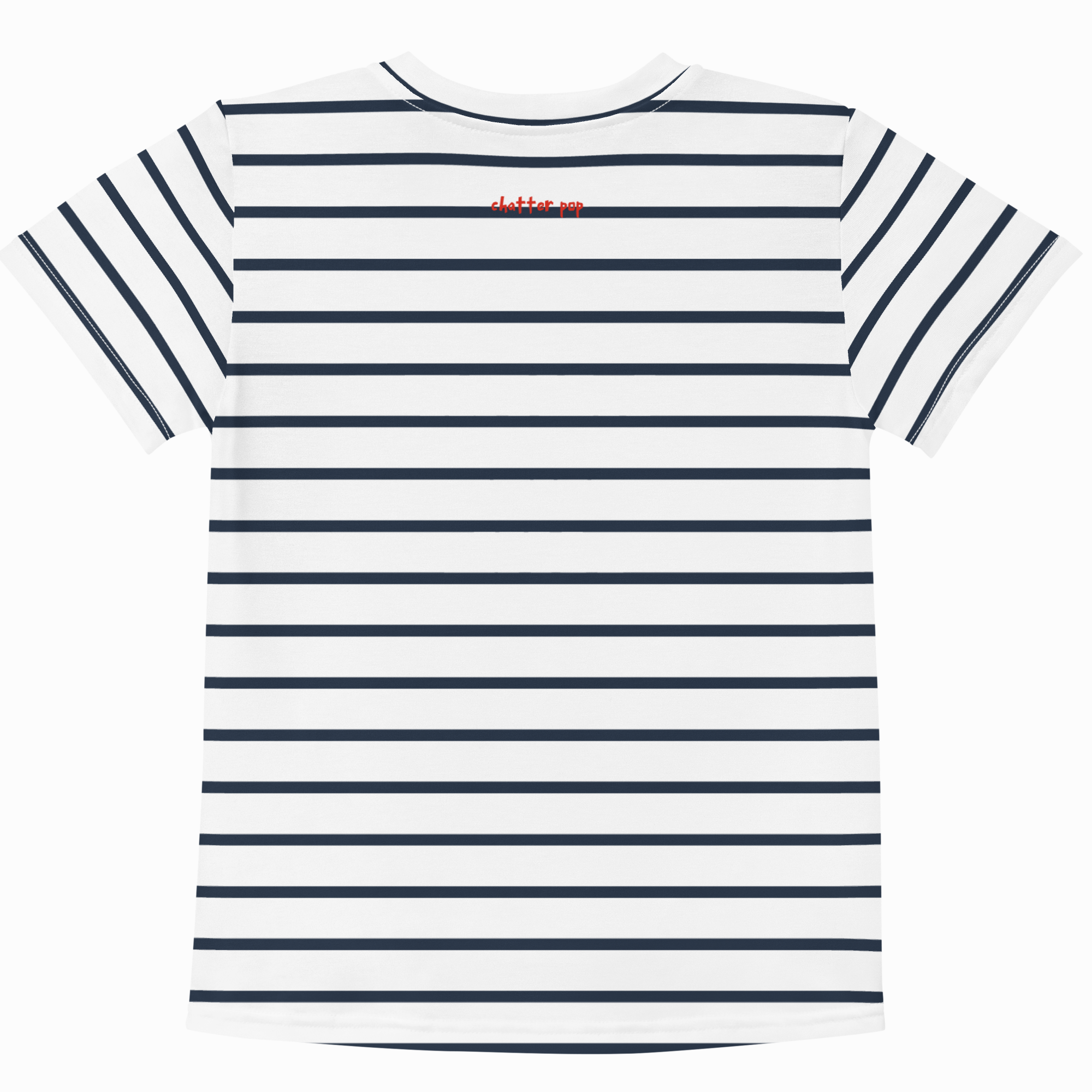 A short-sleeve crewneck t-shirt with horizontal navy blue and white stripes, featuring a small red 'clothing co' logo printed on the upper chest, shown against a plain white background.