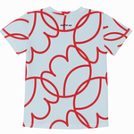 A light blue short-sleeve t-shirt with a red abstract line pattern, featuring the black text 'clothing pop' printed inside the collar.