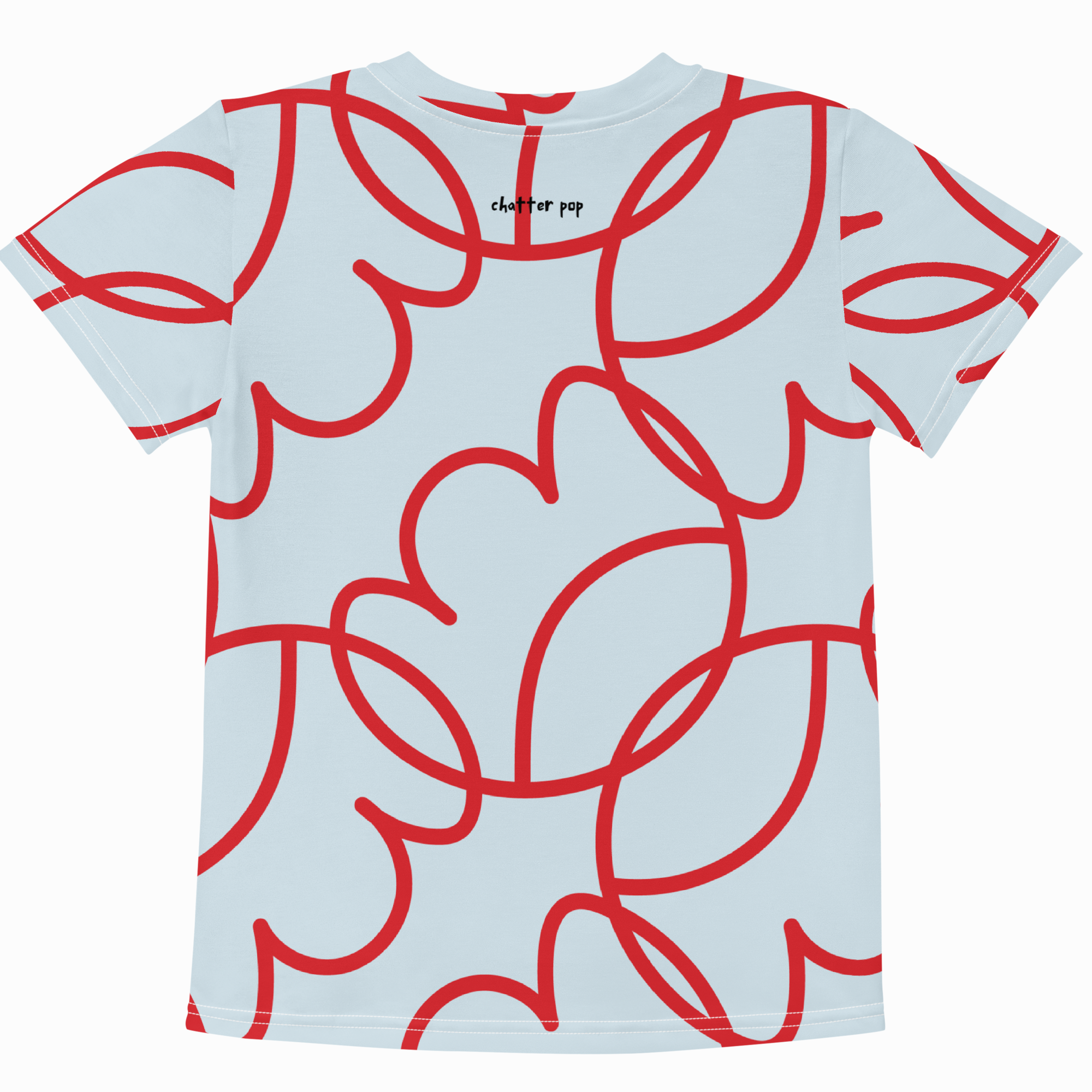 A light blue short-sleeve t-shirt with a red abstract line pattern, featuring the black text 'clothing pop' printed inside the collar.