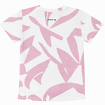 A white short-sleeve t-shirt with an abstract pink pattern, featuring the brand name 'chatter pop' printed in black near the inner collar.