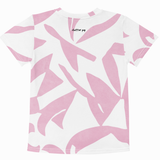 A white short-sleeve t-shirt with an abstract pink pattern, featuring the brand name 'chatter pop' printed in black near the inner collar.