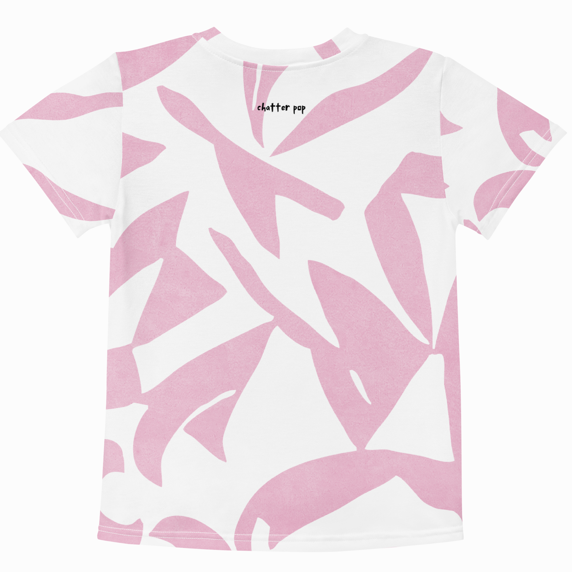 A white short-sleeve t-shirt with an abstract pink pattern, featuring the brand name 'chatter pop' printed in black near the inner collar.