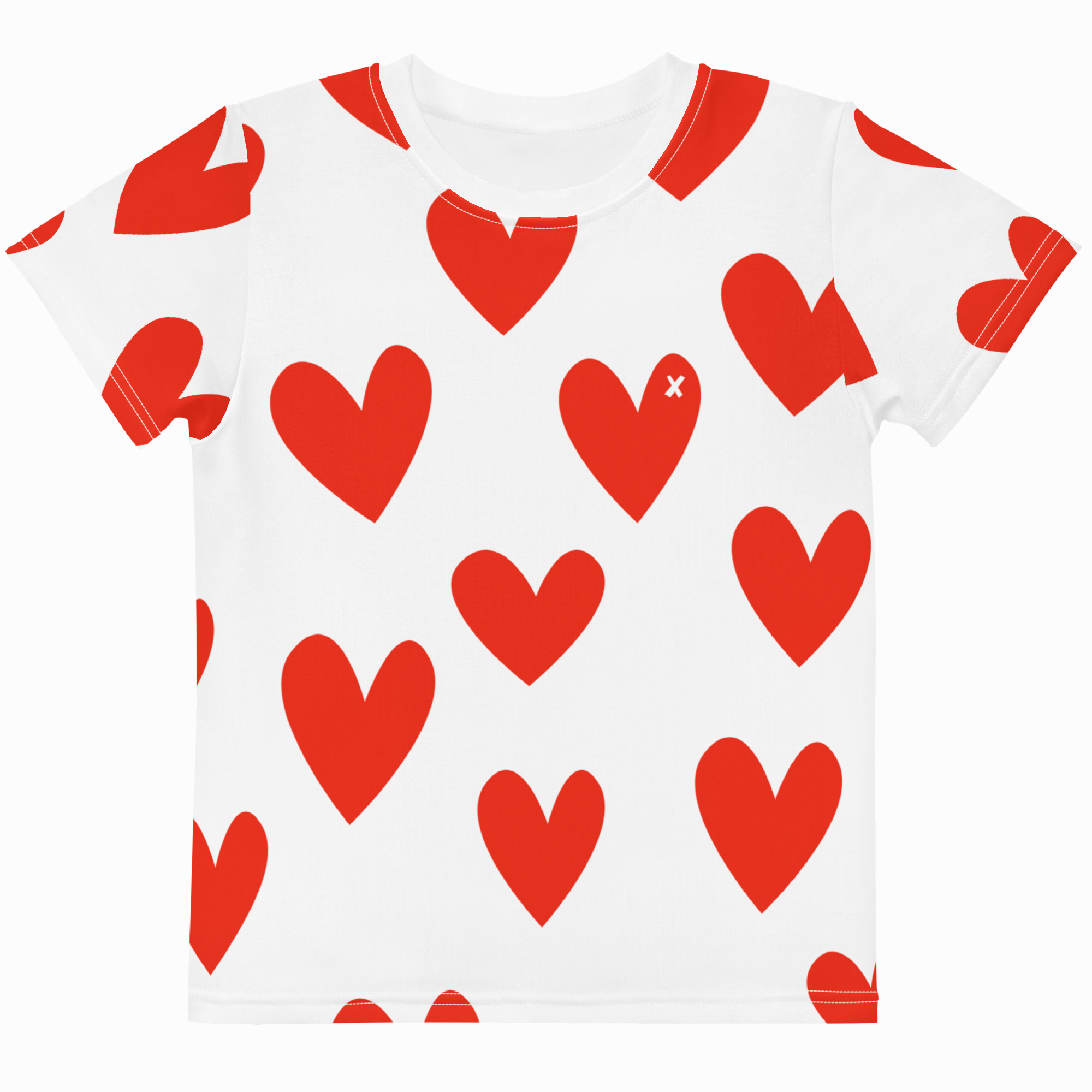White t-shirt with red heart pattern on a white background