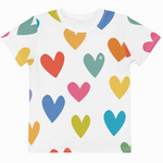 White t-shirt with colorful heart pattern on a white background