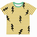 Yellow and white striped t-shirt with black zigzag patterns on a white background