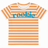 Striped t-shirt with 'rookie' text on a white background