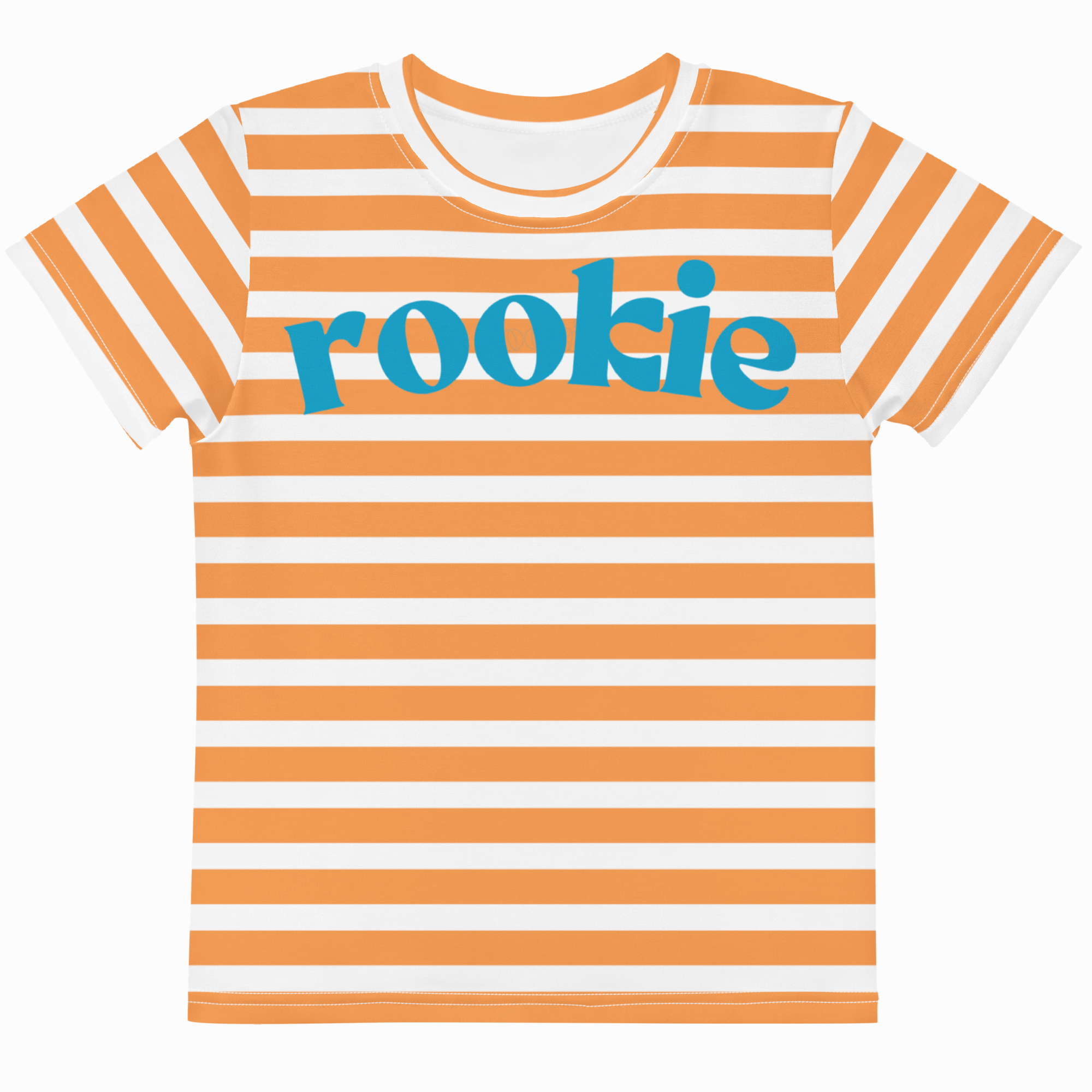 Striped t-shirt with 'rookie' text on a white background