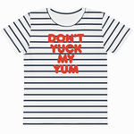 Striped t-shirt with red text 'DON'T YUCK MY YUM' on a white background