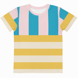 A short-sleeve crewneck t-shirt featuring a retro striped pattern with vertical pink and blue stripes on the upper chest and sleeves, and horizontal mustard yellow and cream stripes across the lower body.