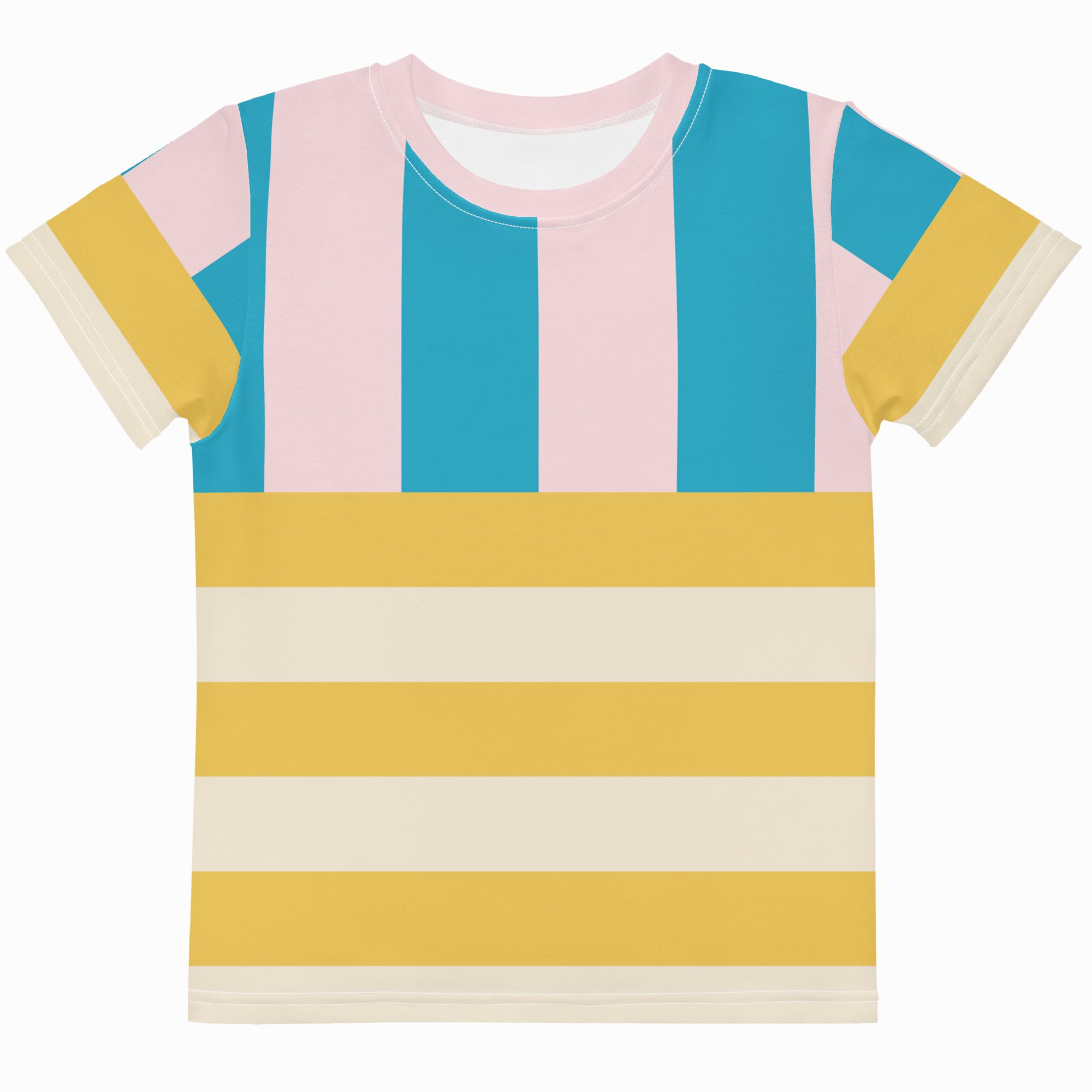 A short-sleeve crewneck t-shirt featuring a retro striped pattern with vertical pink and blue stripes on the upper chest and sleeves, and horizontal mustard yellow and cream stripes across the lower body.