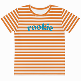 A short-sleeve crewneck t-shirt with horizontal orange and white stripes, featuring the word 'rookie' printed across the chest in blue.