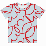 A short-sleeve crewneck t-shirt featuring an all-over abstract pattern of interlocking red curved lines on a light blue background.