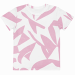A short-sleeve crewneck t-shirt featuring an abstract, organic pink and white pattern, displayed flat against a light gray background.