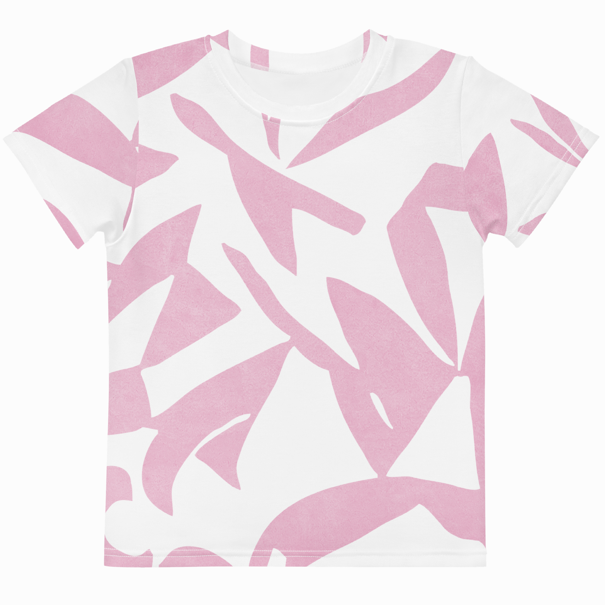 A short-sleeve crewneck t-shirt featuring an abstract, organic pink and white pattern, displayed flat against a light gray background.