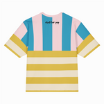 Colorful striped t-shirt with 'chatter pop' branding on a white background