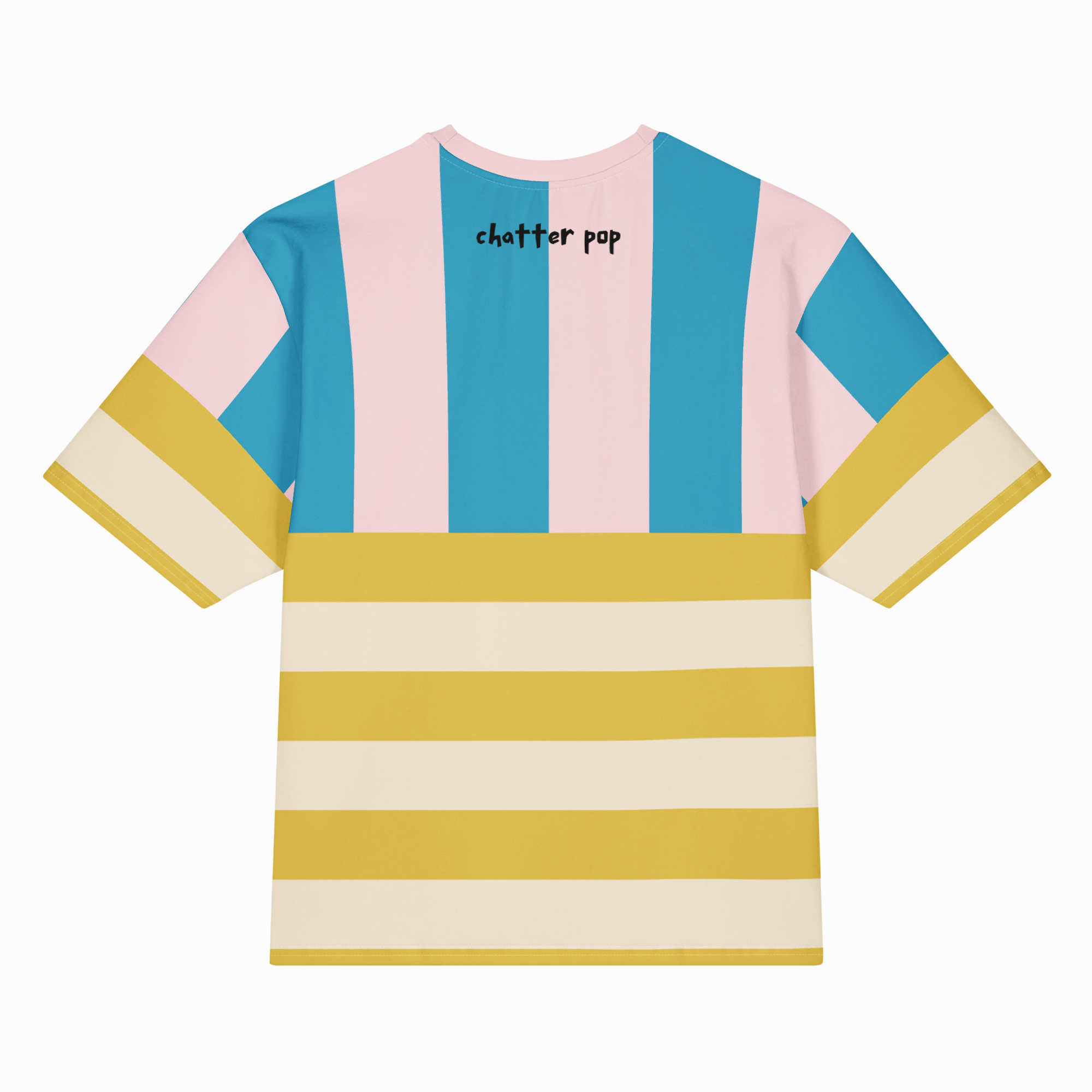 Colorful striped t-shirt with 'chatter pop' branding on a white background