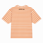 Orange and white striped t-shirt with 'chatter pop' logo on a white background