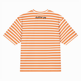 Orange and white striped t-shirt with 'chatter pop' logo on a white background