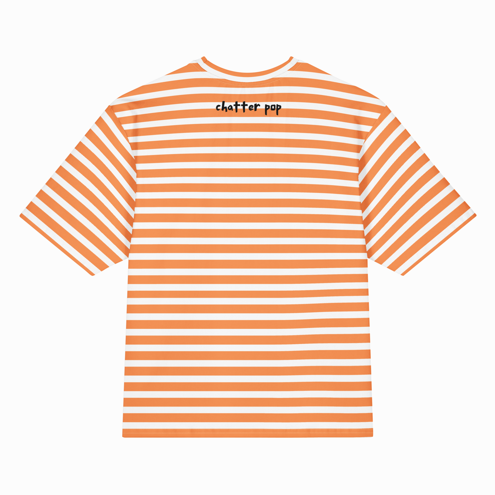 Orange and white striped t-shirt with 'chatter pop' logo on a white background
