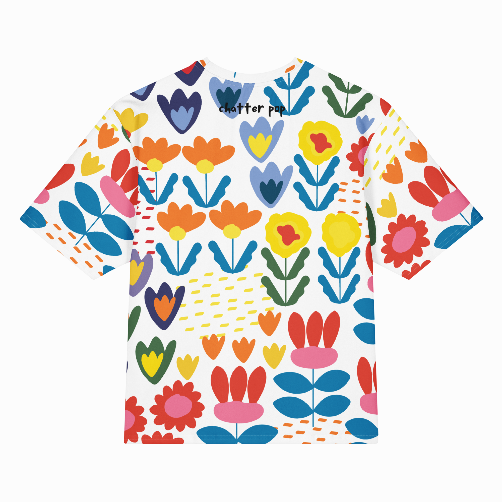 Colorful floral patterned t-shirt on a white background