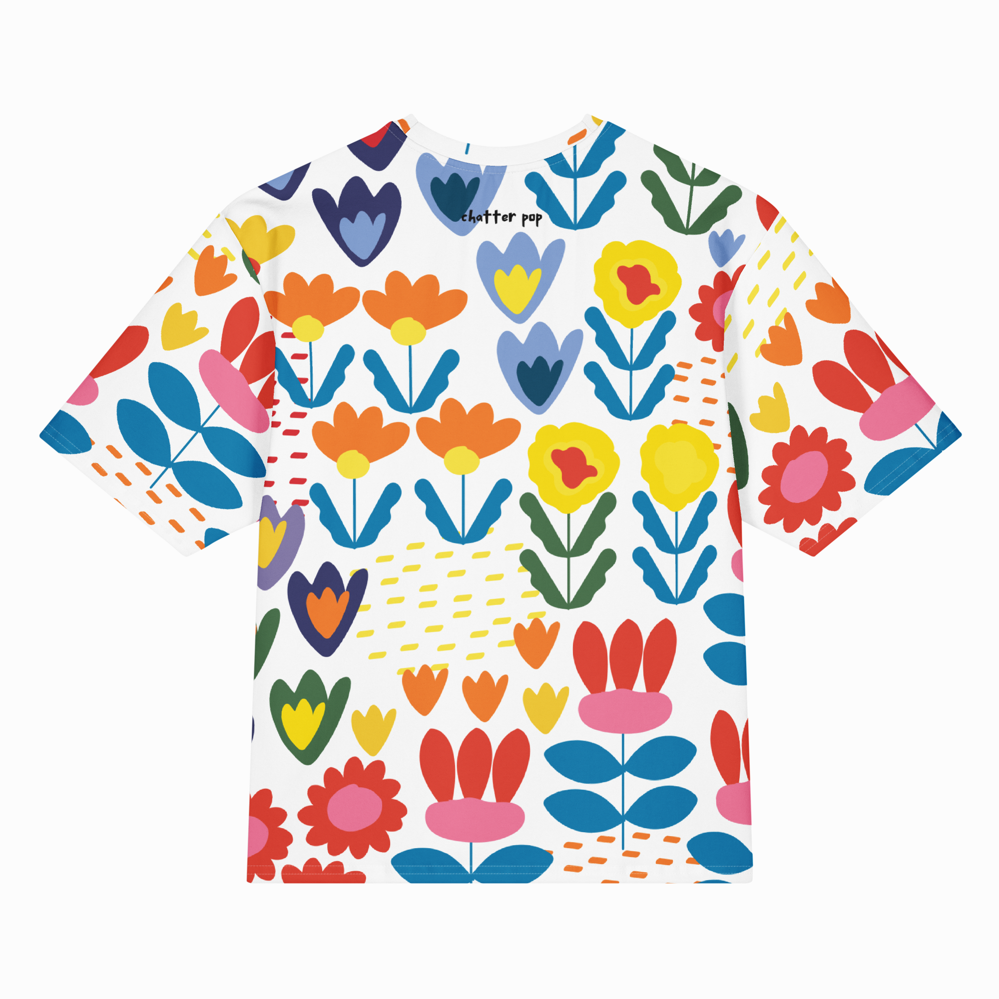 Colorful floral patterned t-shirt on a white background
