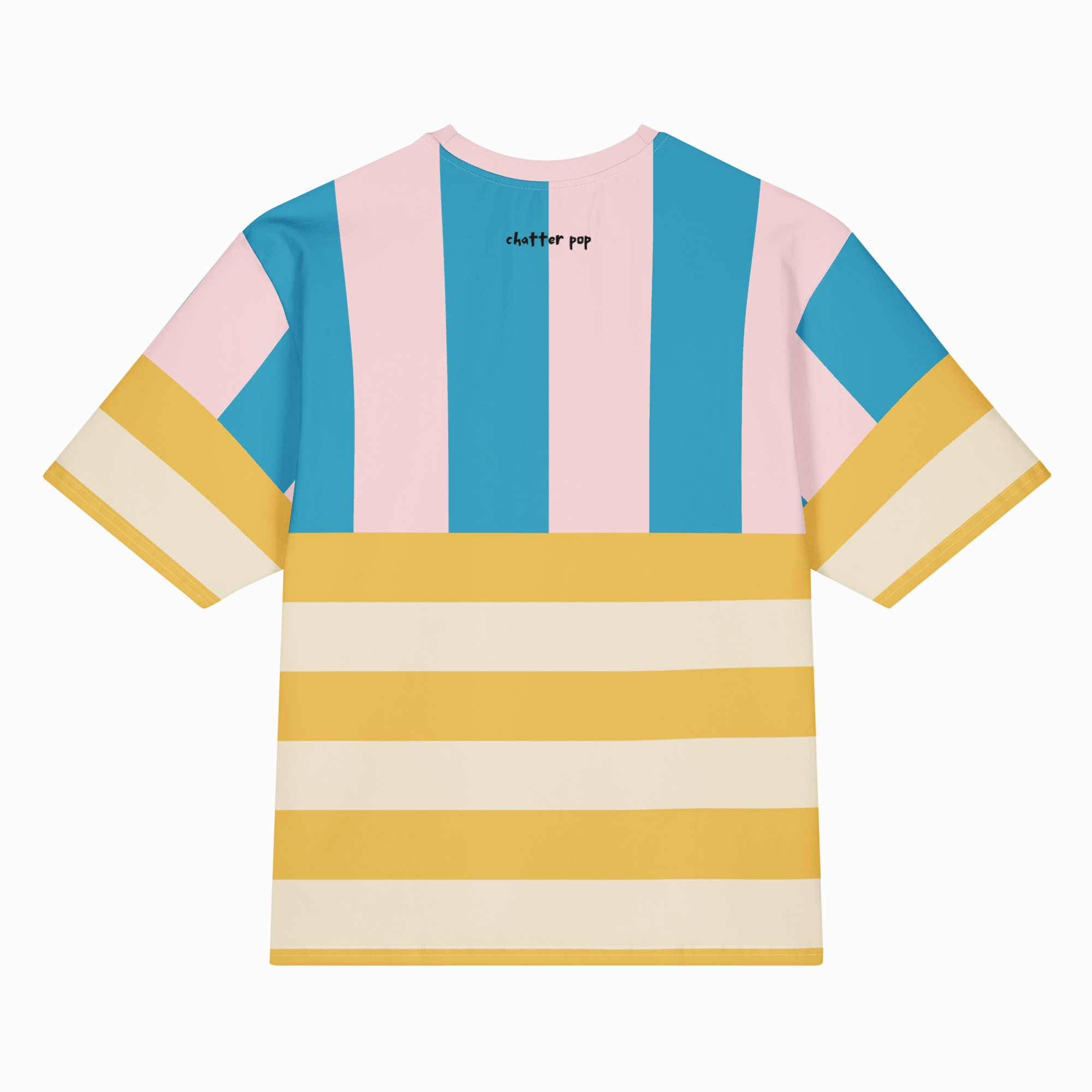 Colorful striped t-shirt with 'chatter pop' branding on a white background